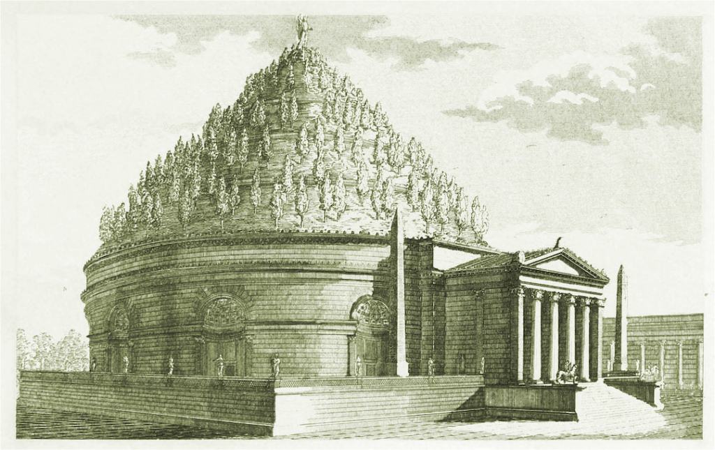 Représentation du Mausolée d'Auguste à sa construction : monument cylindrique avec un jardin en pyramide sur le toit.